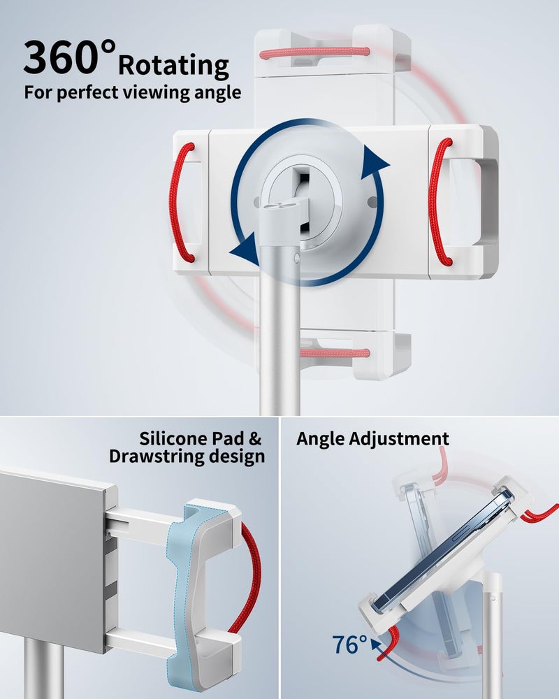SAIJI Tablet Stand Holder, Extra-Height Adjustable Kindle Stand, 360 Degree Rotating iPad Holder, Aluminum Alloy Cradle Mount Dock for 4.7"-15.6" iPhone, Samsung, Tablets, Portable Monitor (Silver) - Image 4